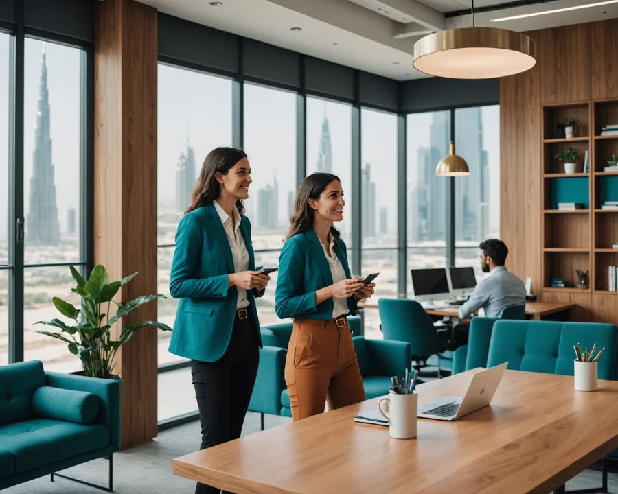 Two Letswork co-founders in a Dubai Internet City coworking space, candid working moment