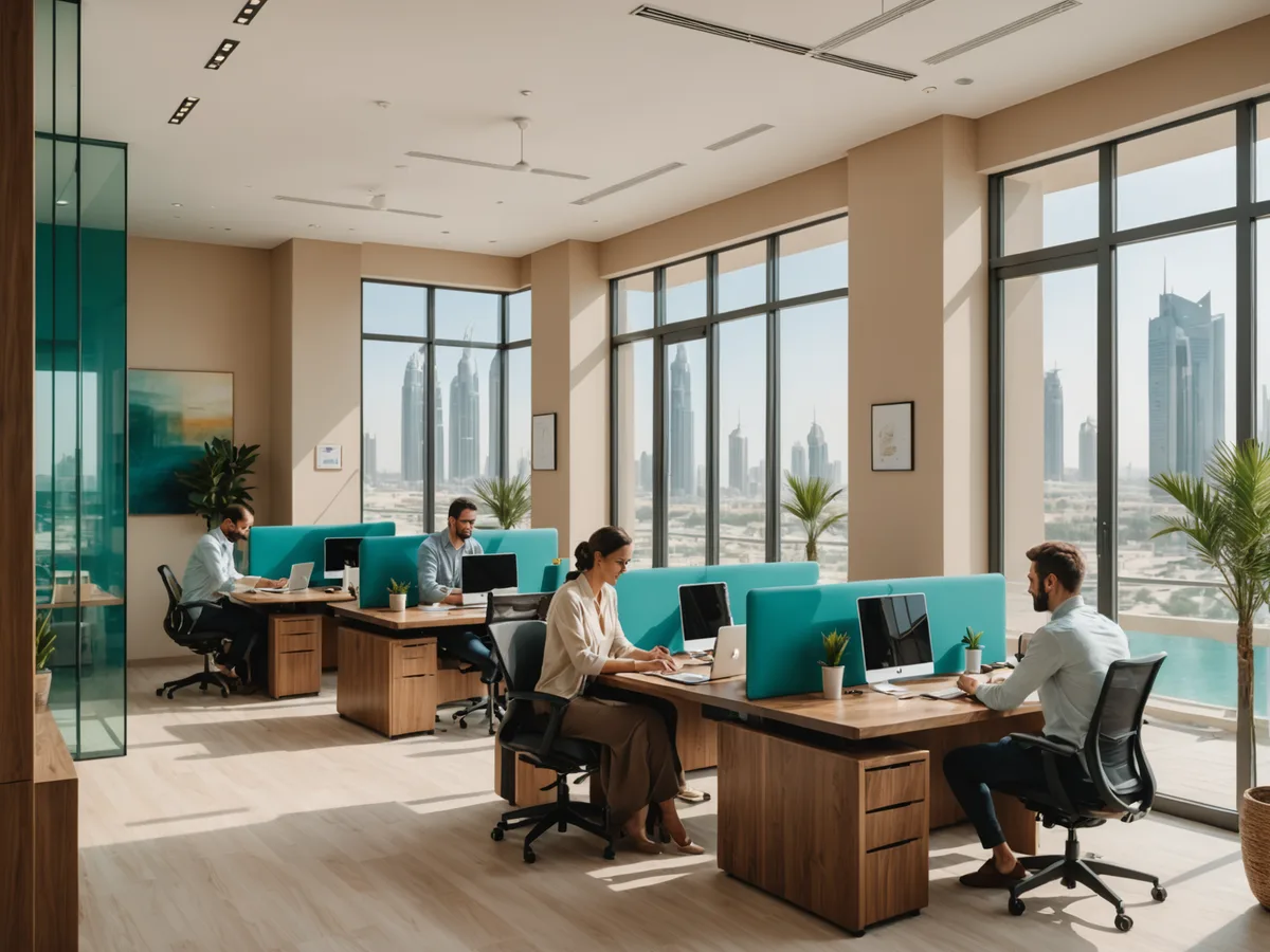 Modern coworking space in Dubai Internet City with open hot desks and private pods