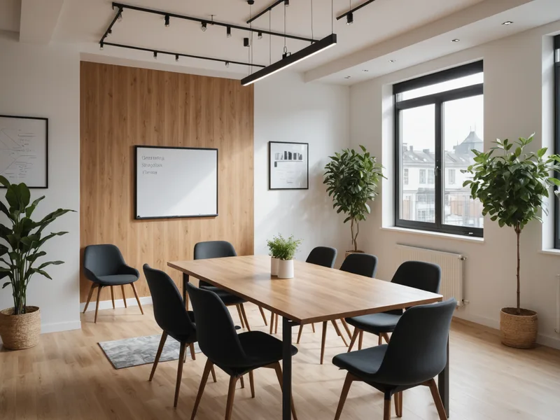 Meeting room with conference table seating six people